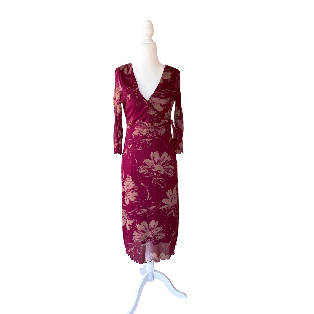 Vintage Y2K Ruby Rox Floral Mesh Midi Dress Burgundy‎ Surplice USA S